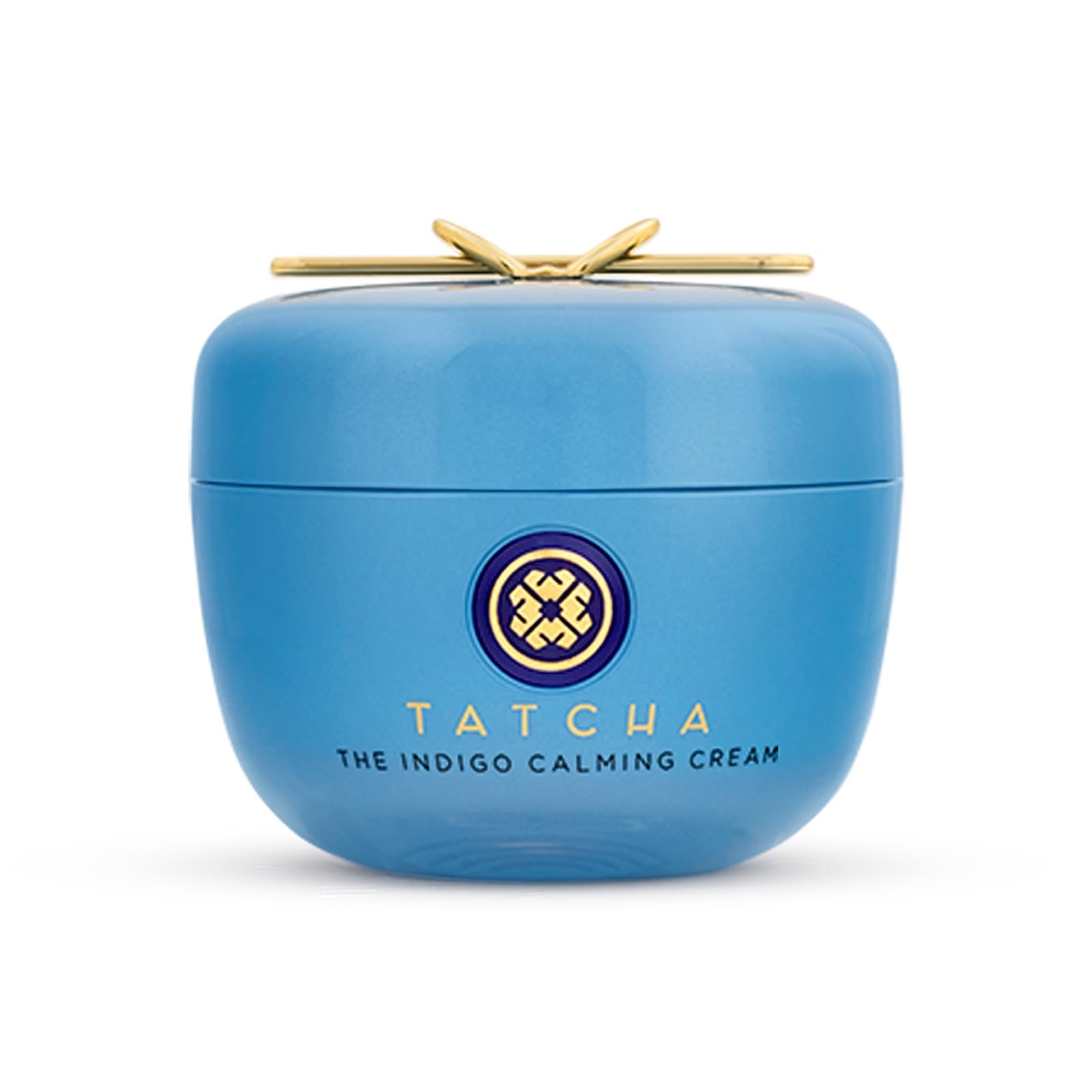 TATCHA Indigo Calming Cream tube closeup showing fragrance-free formula for sensitive skin.