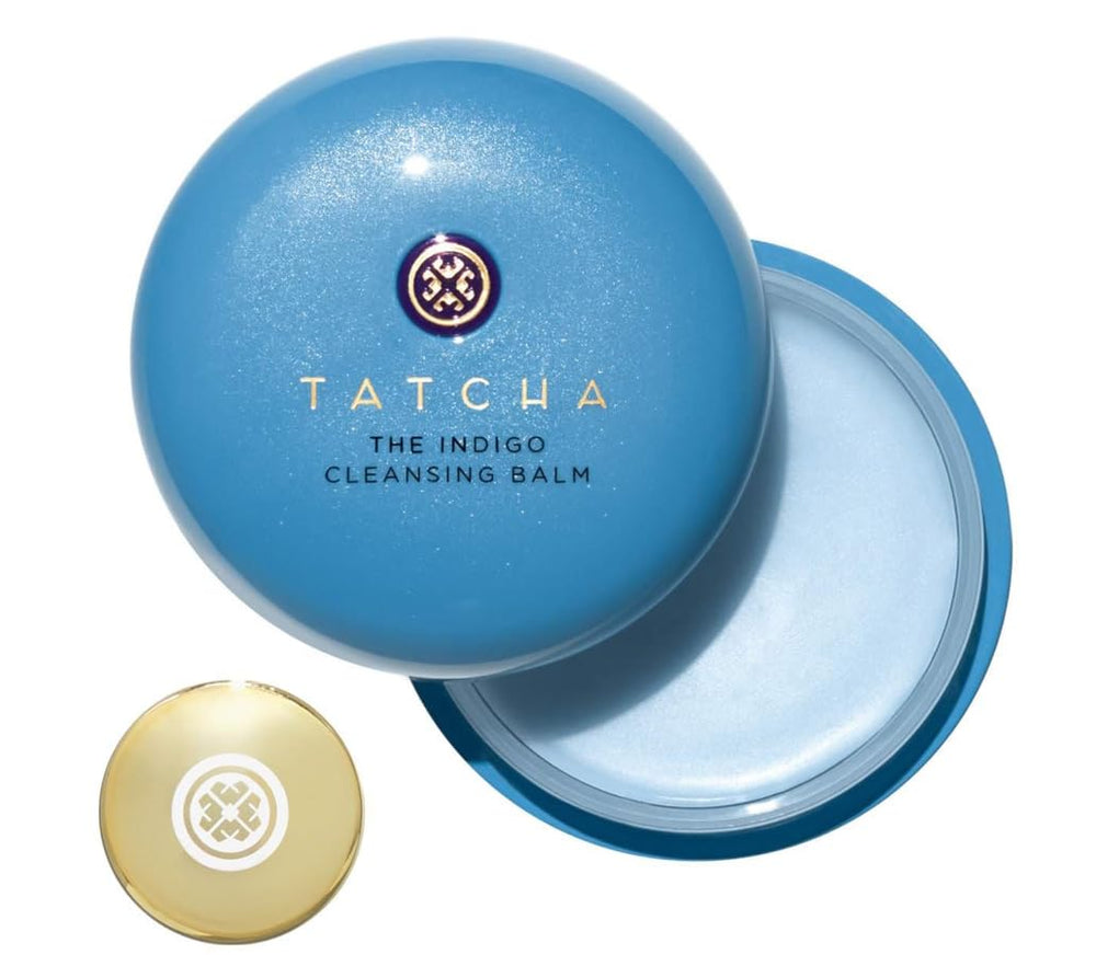 TATCHA Indigo Cleansing Balm jar closeup, buttery texture melts makeup softly