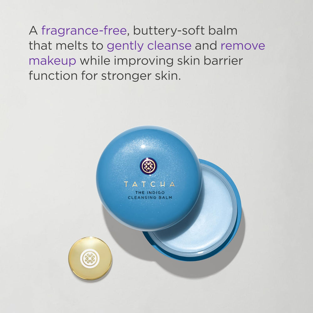 TATCHA Indigo Cleansing Balm texture closeup, buttery-soft feel for gentle cleansing