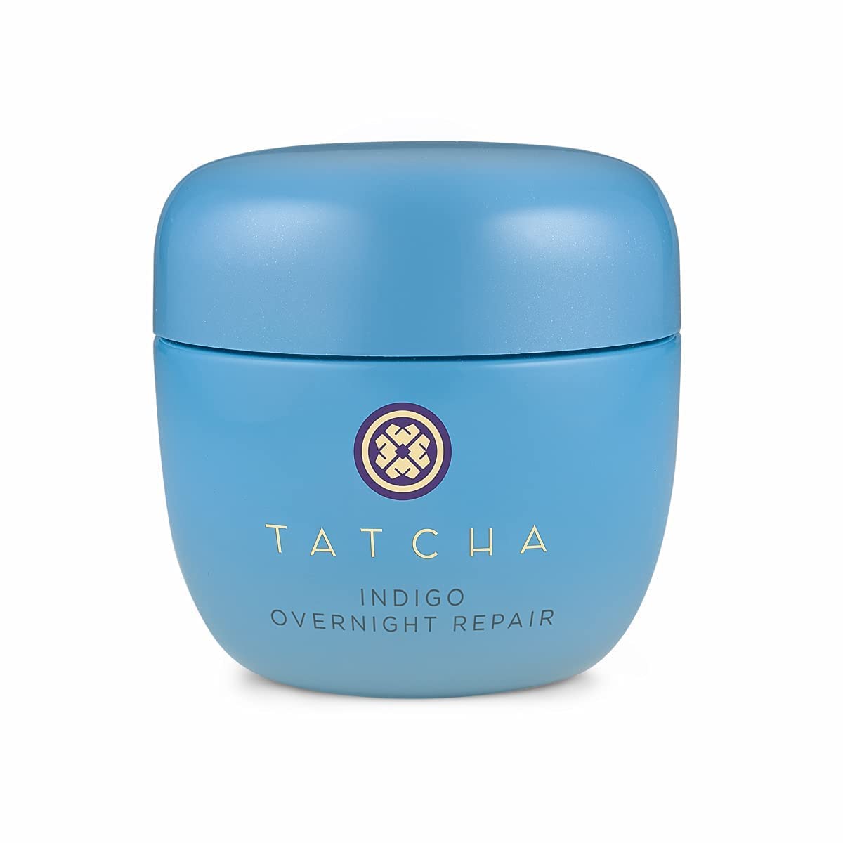 TATCHA Indigo Overnight Repair bottle-pump showing fragrance-free night care for irritated skin.