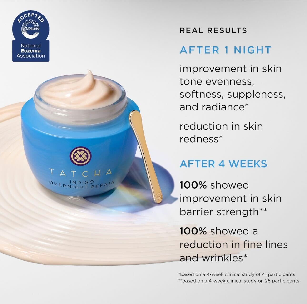 TATCHA Indigo Overnight Repair texture-closeup highlights cushiony serum-in-moisturizer for calm skin.