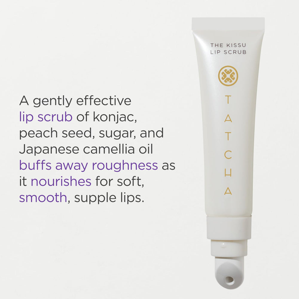 TATCHA Kissu Exfoliante Labial con granulos de semilla de durazno para pulir labios.
