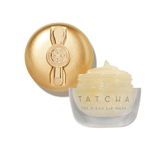 TATCHA Kissu Gold Leaf Lip Mask jar closeup reveals nourishing shimmer for hydrated lips.