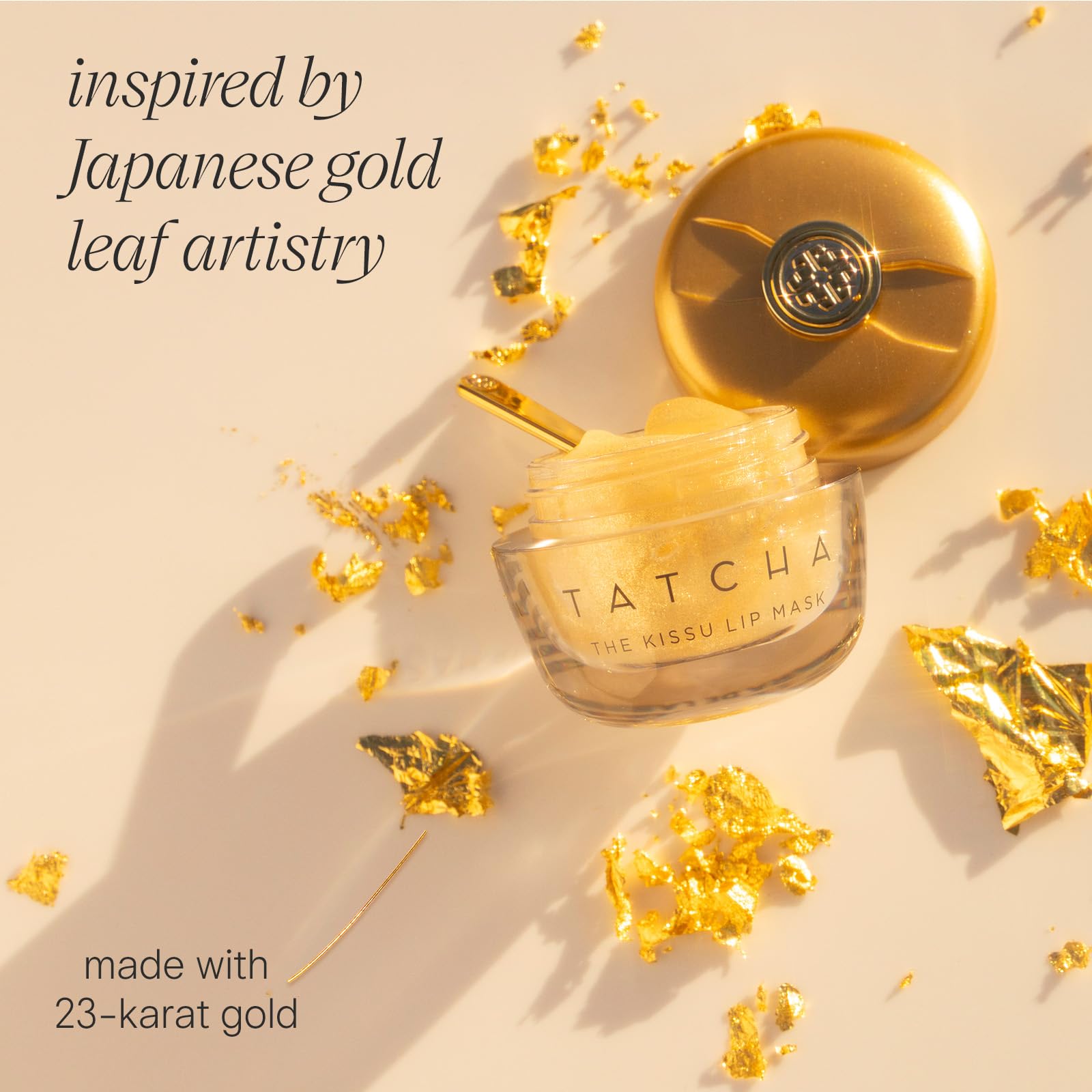 TATCHA Kissu Gold Leaf Lip Mask softens dry lips with lasting comfort.