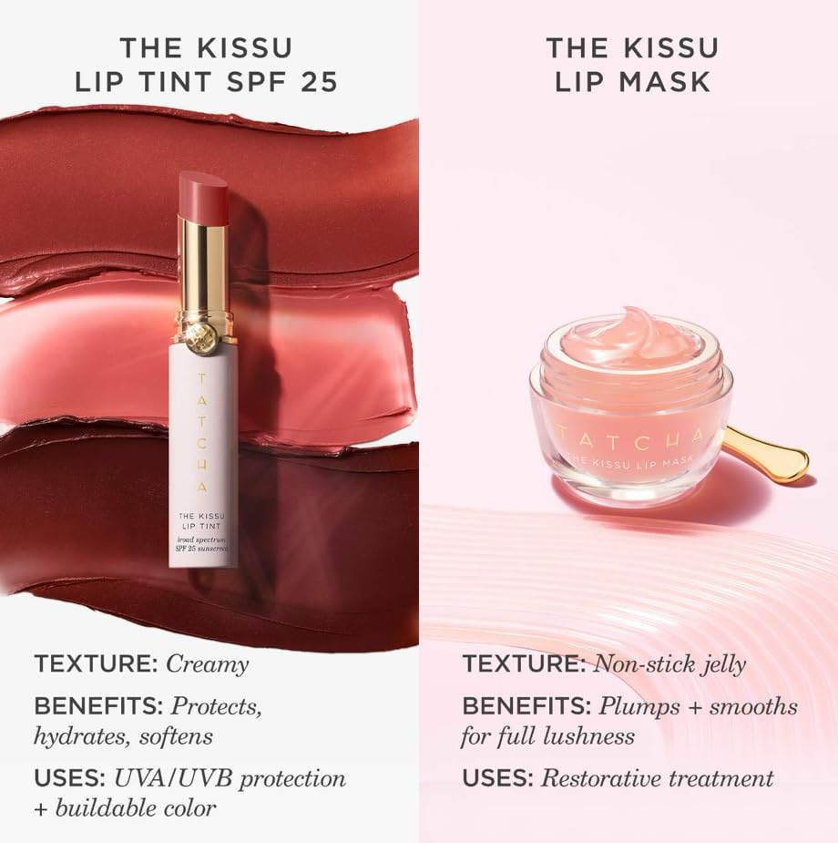 Tatcha Kissu Lip Mask before-after frame hints improved texture and comfort.