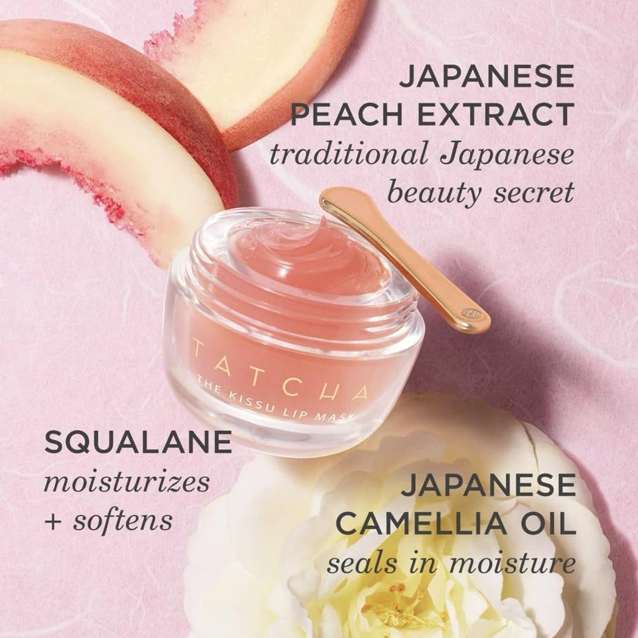 Tatcha Kissu Lip Mask Japanese peach essence image signals gentle restoring lip care.