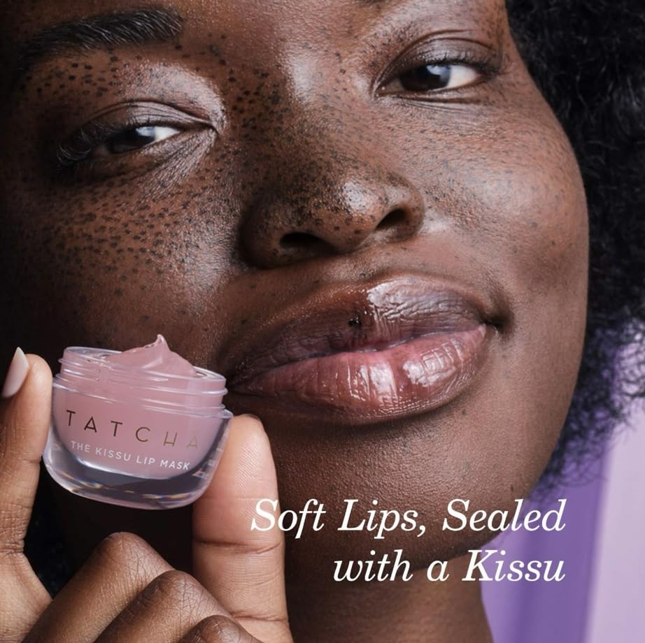 Tatcha Kissu Lip Mask packaging display showcases premium tub design.
