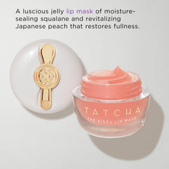 Tatcha Kissu Lip Mask texture close-up shows silky, non-sticky jelly for comfortable wear.