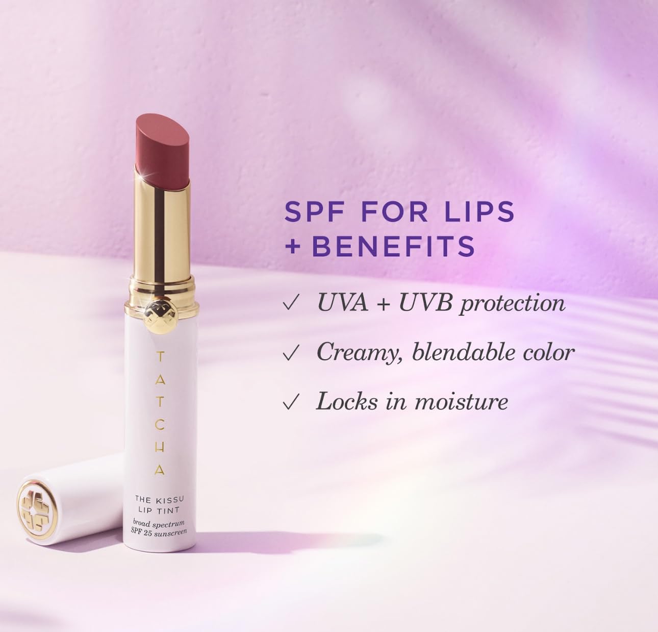 TATCHA Kissu Lip Tint Midnight Lily botanical lanolin imagery emphasizes moisture retention.