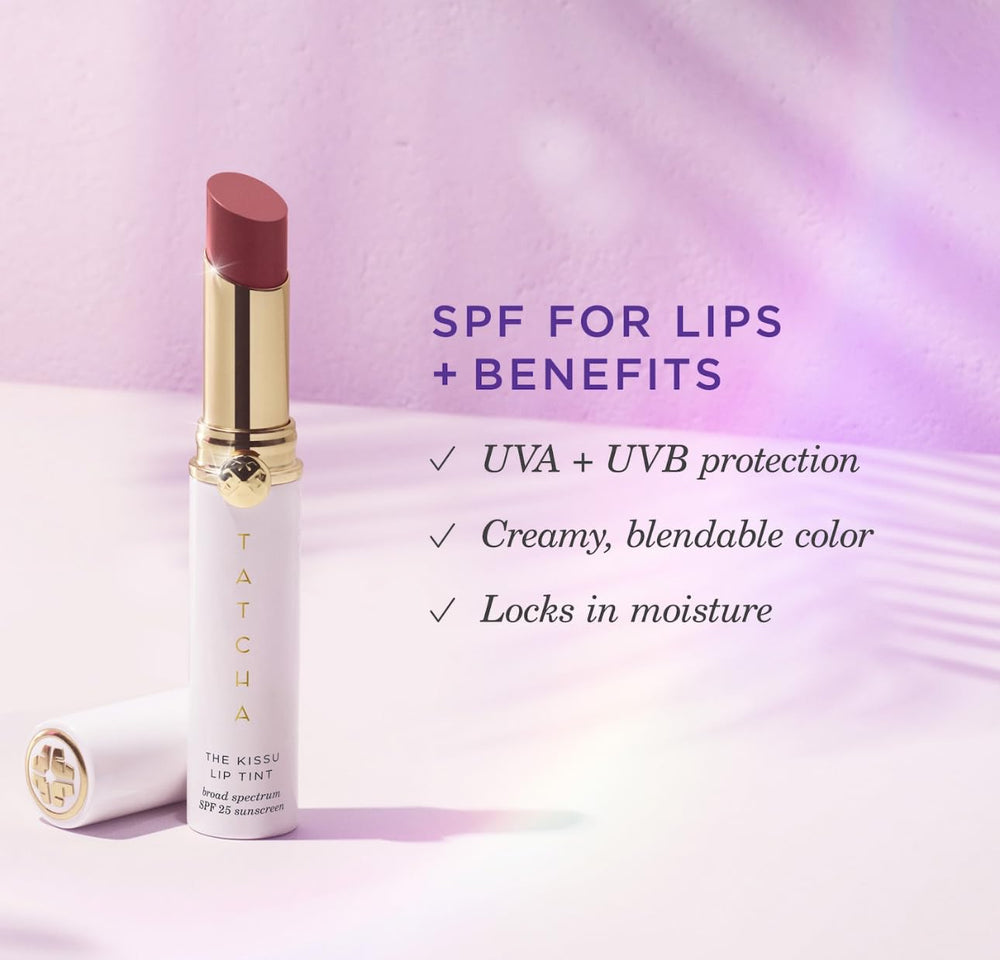 TATCHA Kissu Lip Tint Midnight Lily botanical lanolin imagery emphasizes moisture retention.