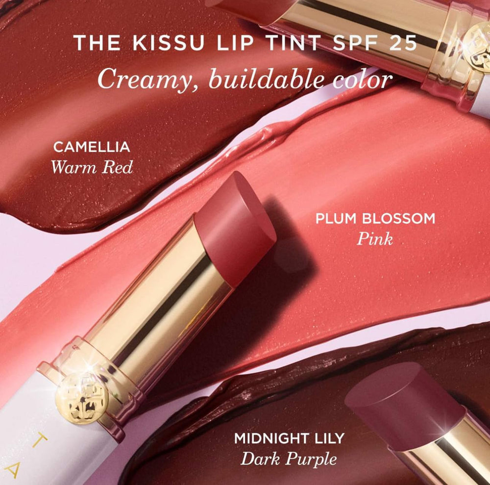TATCHA Kissu Lip Tint Midnight Lily SPF 25 label emphasizes sun protection for lips.