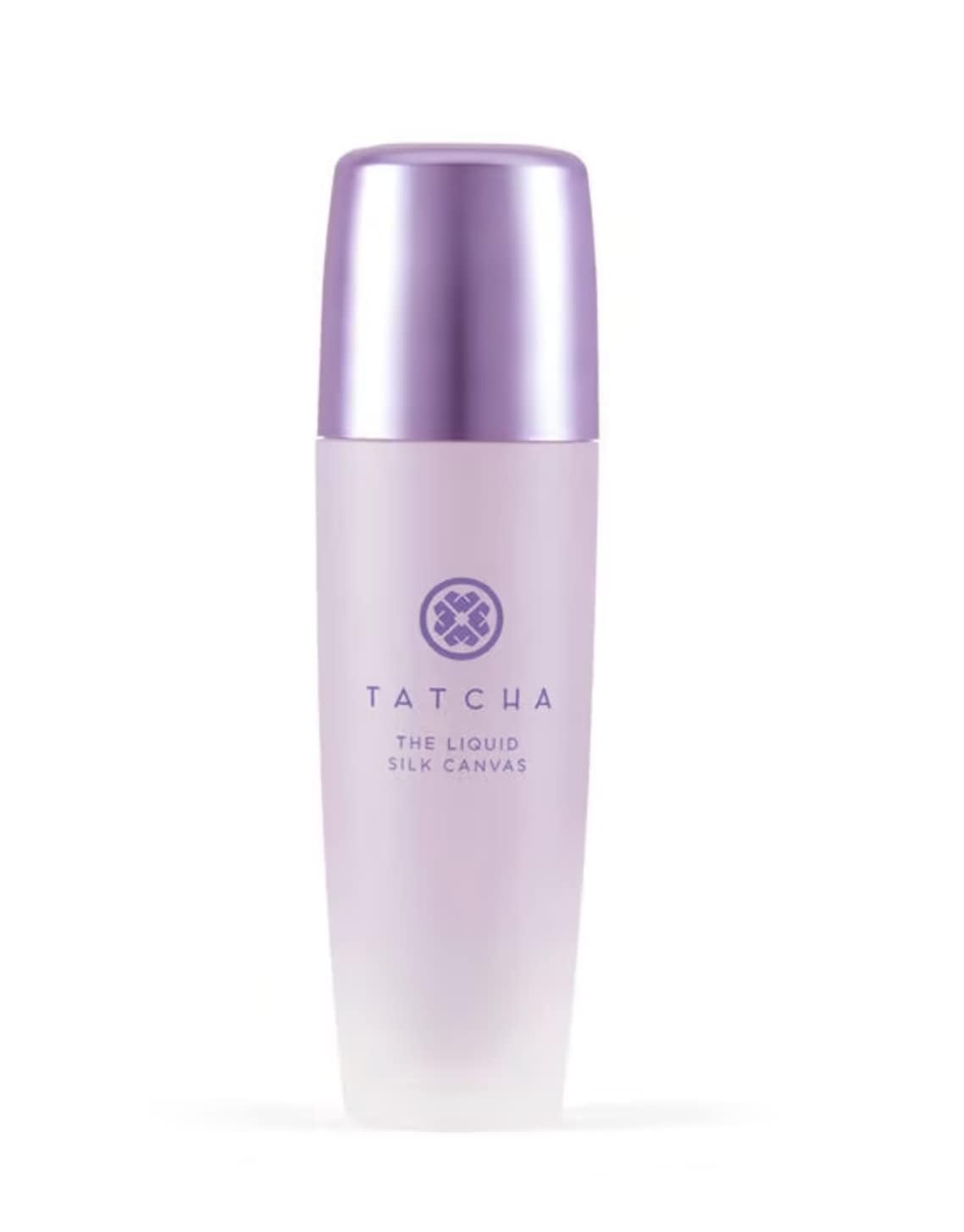 Close-up of Tatcha Liquid Silk Canvas bottle showing weightless, oil-free primer texture for smooth makeup.