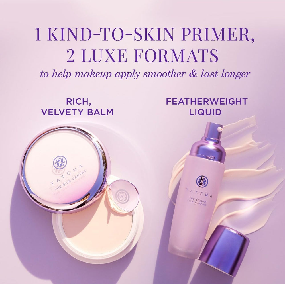 Tatcha Liquid Silk Canvas skin-sheen preview shows smooth, radiant base.