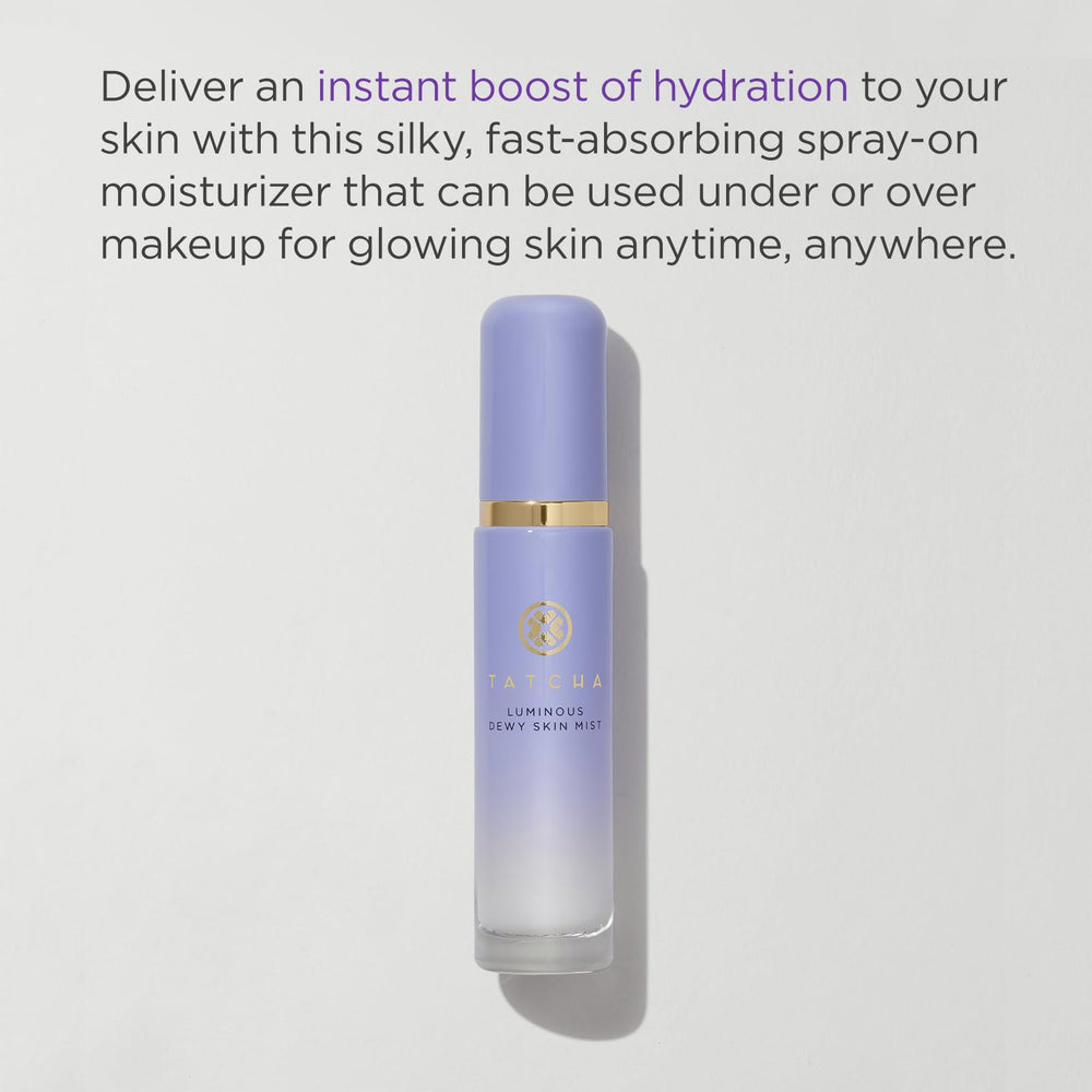 Tatcha Luminous Dewy Skin Mist applied to the face for a dewy hydration boost.