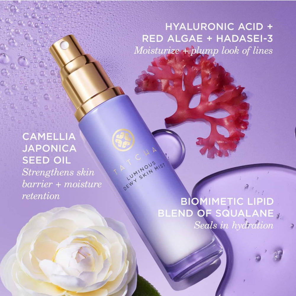 Tatcha Luminous Dewy Skin Mist close-up showing hydrating formula.