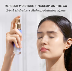 Tatcha Luminous Dewy Skin Mist spray in action for quick on-the-go hydration.