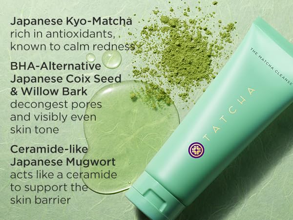TATCHA The Matcha Cleanse primed makeup ready closeup, helps reduce makeup slip-off.