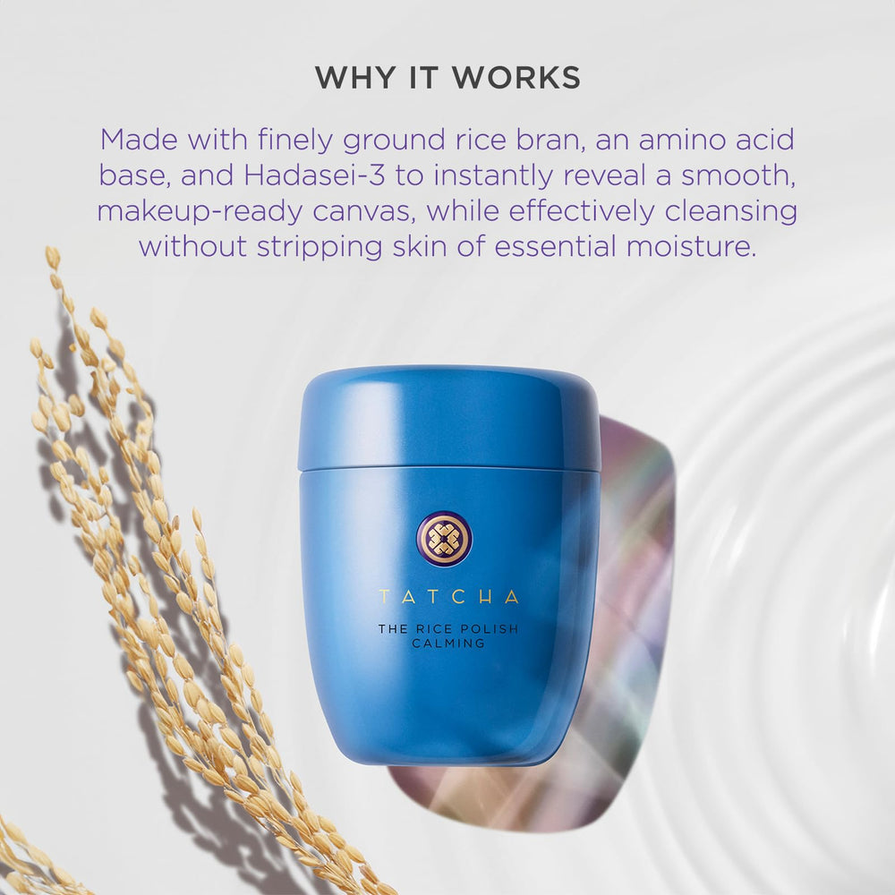 Tatcha Rice Polish Calming application on the face shows circular motion cleansing.