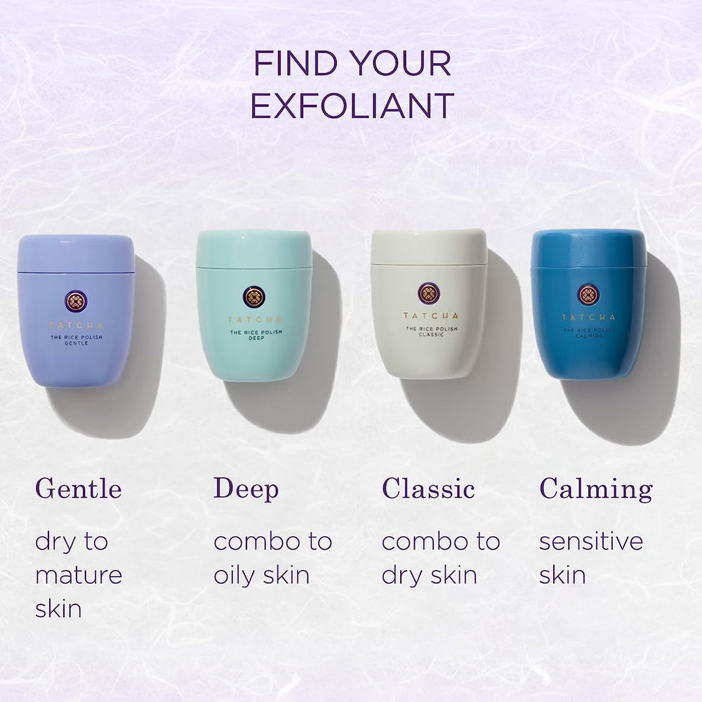 TATCHA Rice Polish Classic daily routine with soft foam highlights gentle exfoliation.