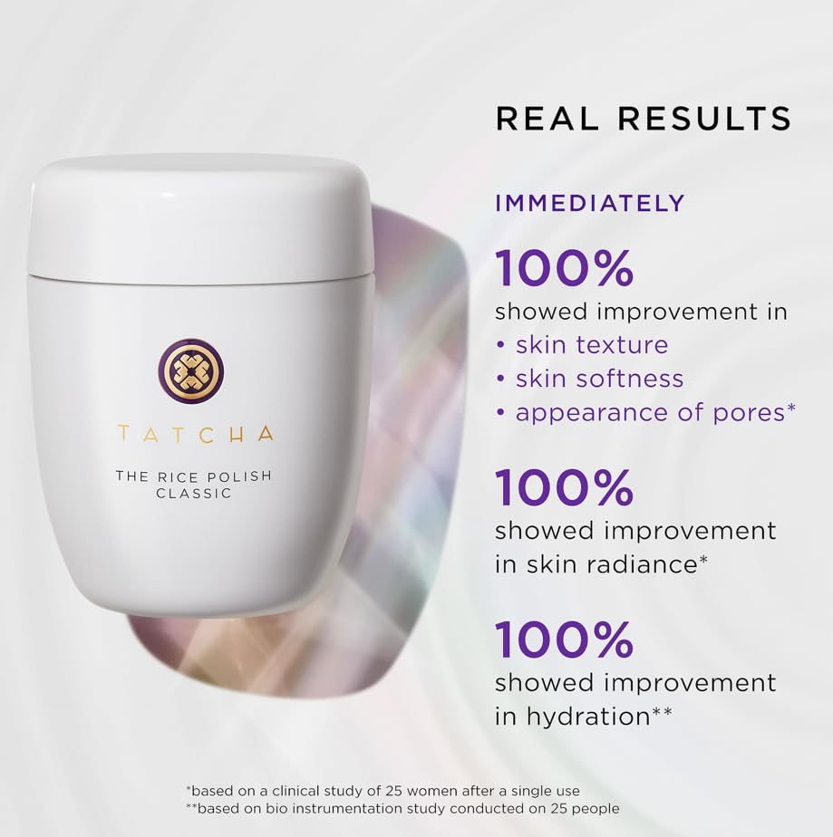 TATCHA Rice Polish Classic bathroom shelf scene conveys approachable exfoliation routine.