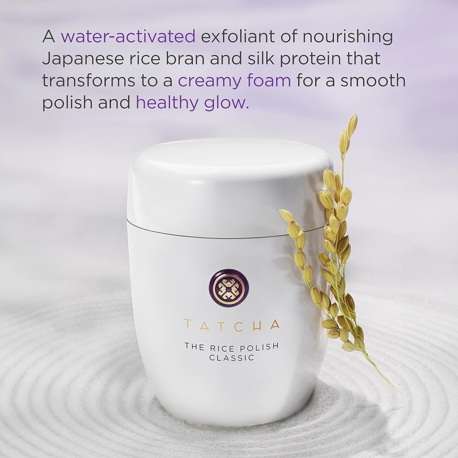 TATCHA Rice Polish Classic indigo element graphic hints at soothing skin care.