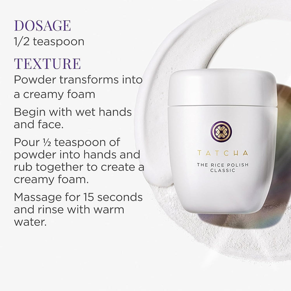 TATCHA Rice Polish Classic measuring spoon with jar suggests simple routine steps.