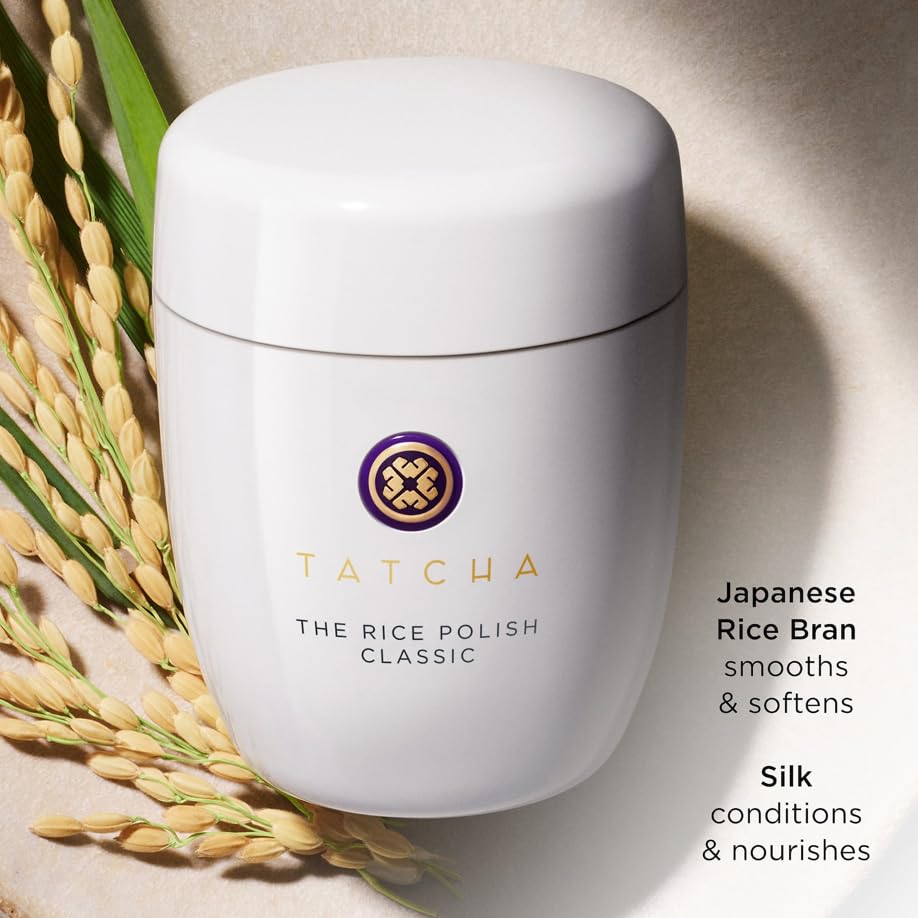 TATCHA Rice Polish Classic after-use glow on skin implies refreshed appearance.