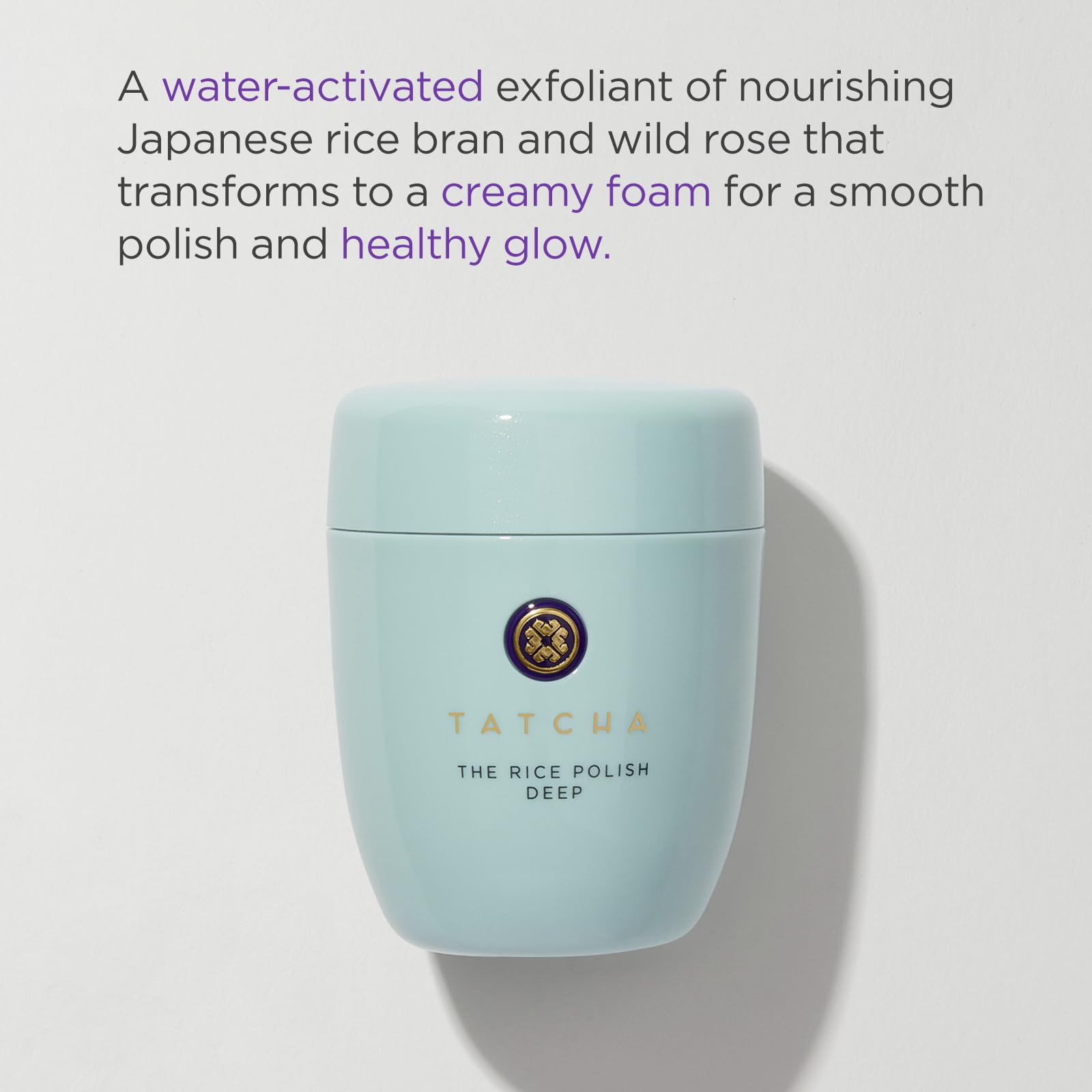 TATCHA Rice Polish Deep foam close-up shows creamy lather for smooth, makeup-ready skin.