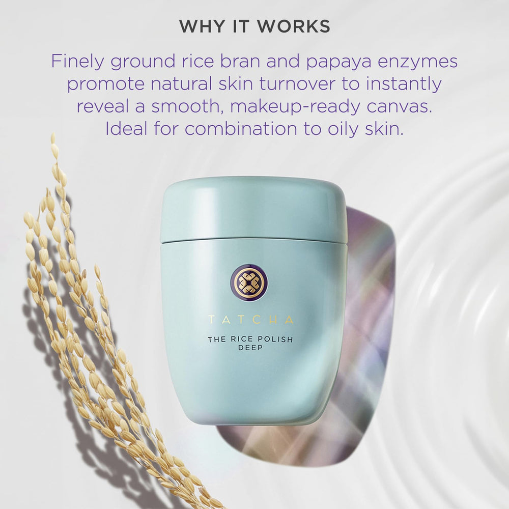 TATCHA Rice Polish Deep papaya enzyme detail emphasizes gentle enzymatic exfoliation.