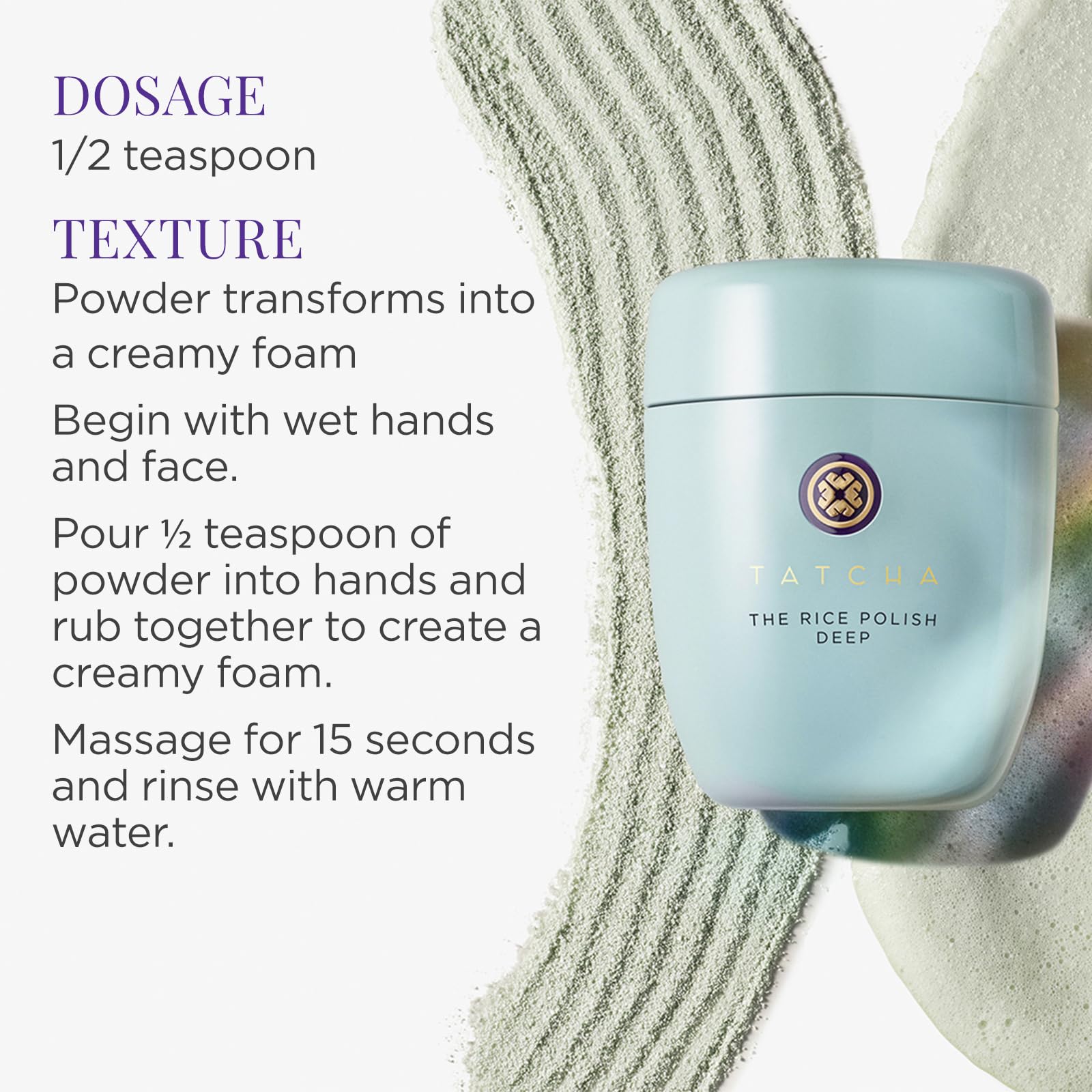TATCHA Rice Polish Deep rice bran texture highlights nourishing base for balanced skin.