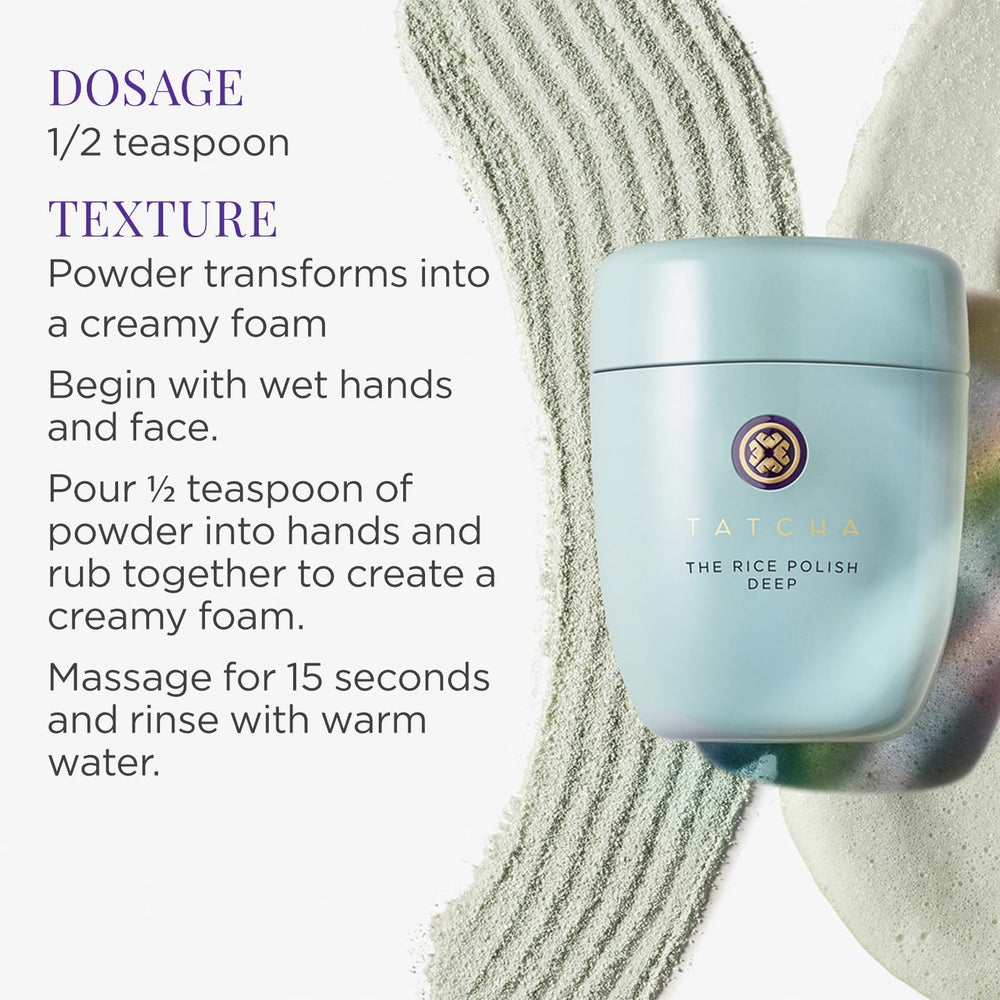 TATCHA Rice Polish Deep rice bran texture highlights nourishing base for balanced skin.