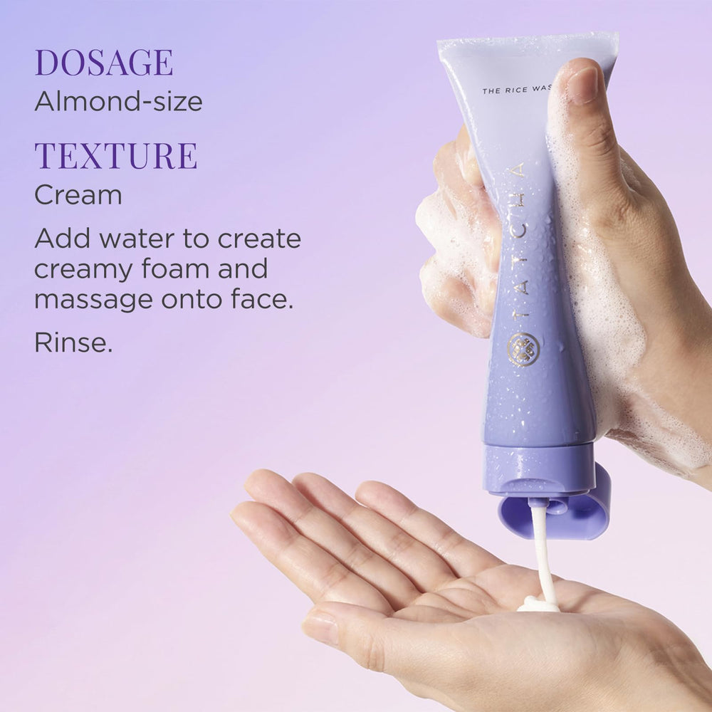 TATCHA Rice Wash highlights hyaluronic acid and Okinawa algae for hydrated, plump-looking skin.