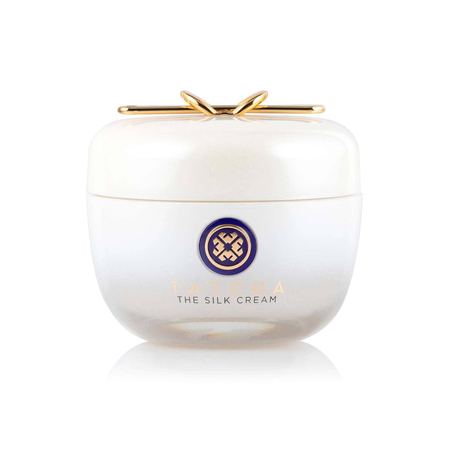 TATCHA Silk Cream bottle closeup showing weightless hydration for soft skin.