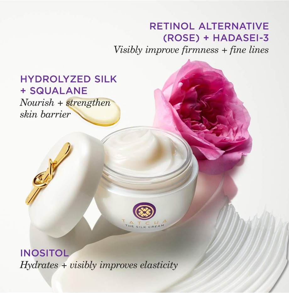 TATCHA Silk Cream glass jar closeup emphasizes premium packaging quality.