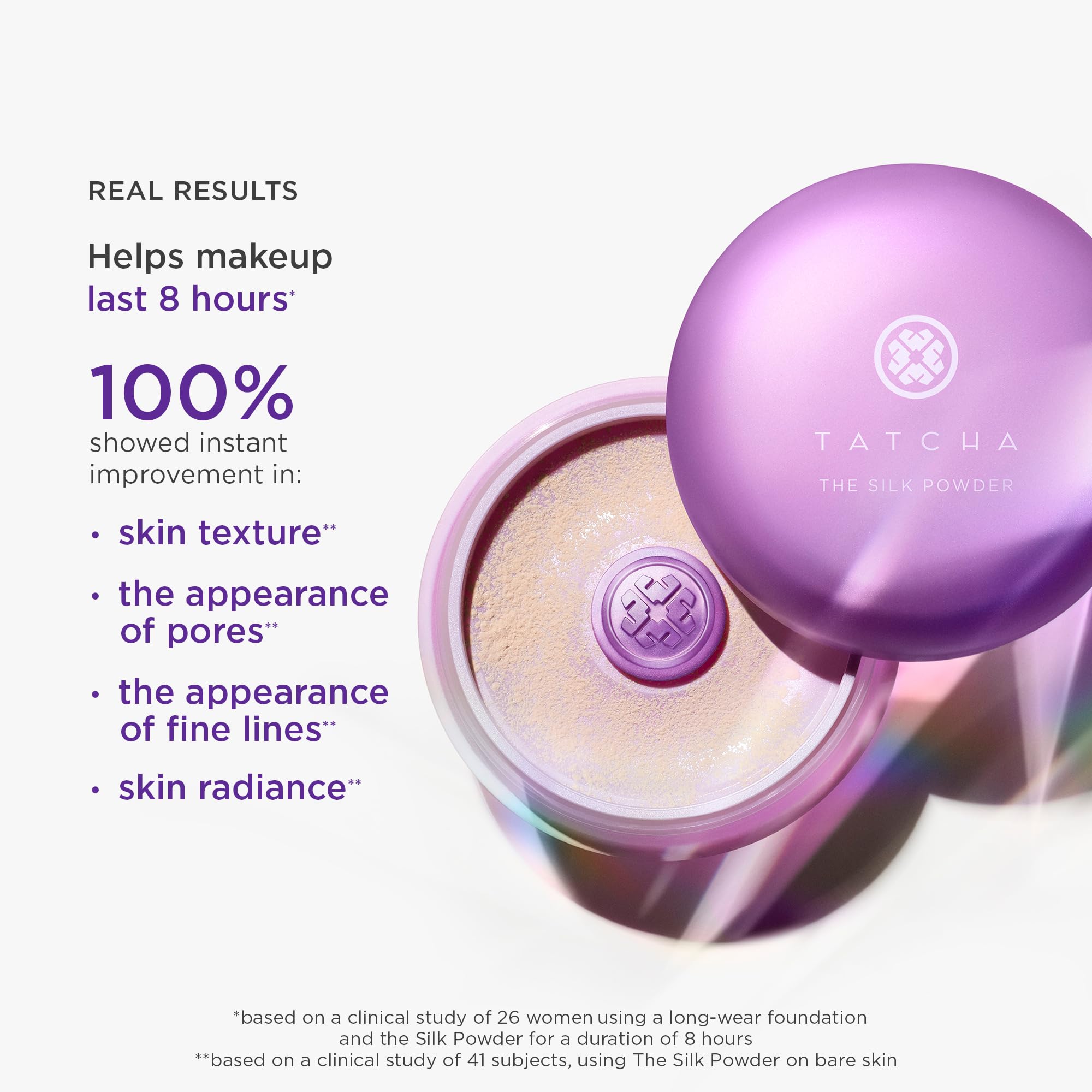 Tatcha Silk Powder on skin delivers translucent, soft-radiant finish.