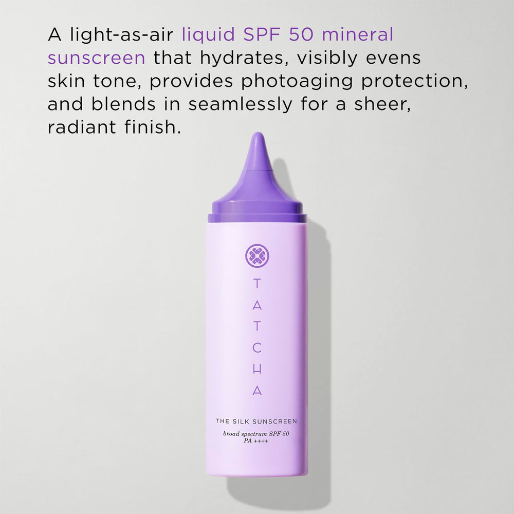 TATCHA Silk Sunscreen cream texture close-up, creamy, smooth on skin.