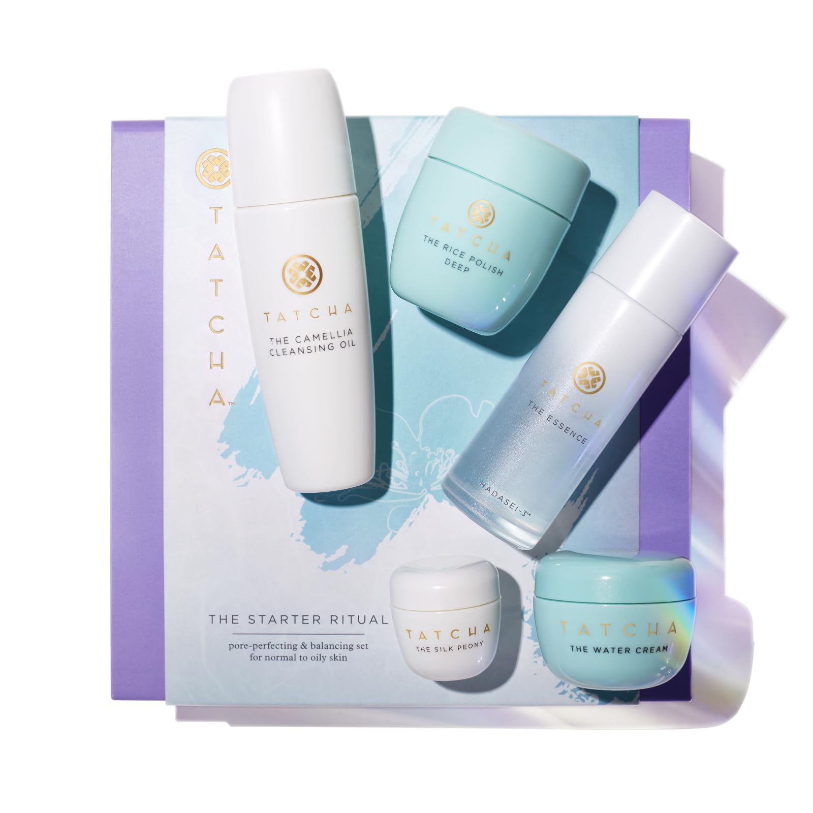 Tatcha Starter Ritual Set cleansing oil bottle for gentle makeup removal and purifying cleanse.