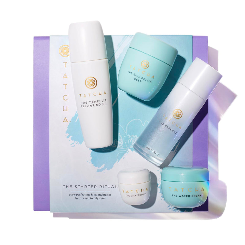 Tatcha Starter Ritual Set cleansing oil bottle for gentle makeup removal and purifying cleanse.