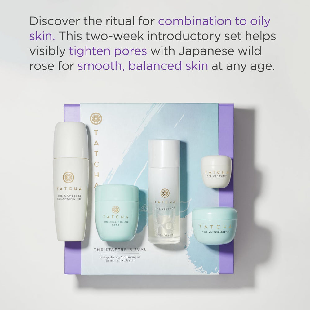 Tatcha Starter Ritual Set rice polish jar showing creamy exfoliant for smoother, radiant skin texture.