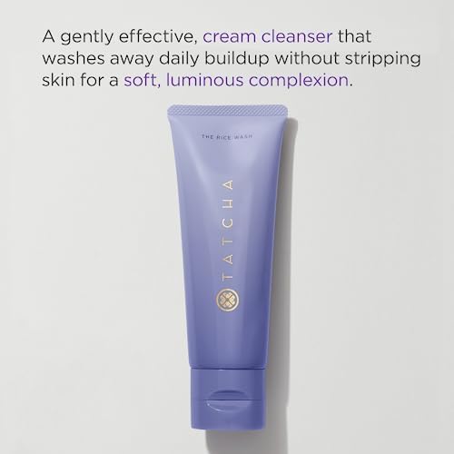 TATCHA Rice Wash bottle with foam, demonstrating soothing cleanse for dry skin.