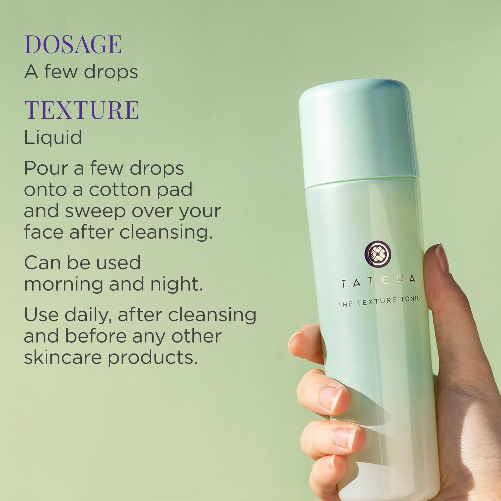 TATCHA Texture Tonic application on skin demonstrates nightly routine usage.