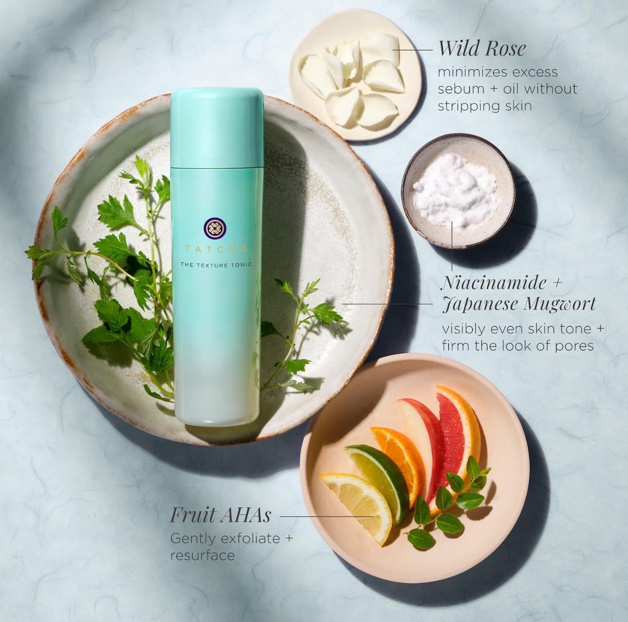 TATCHA Texture Tonic mugwort and wild rose imagery suggests calming botanicals.