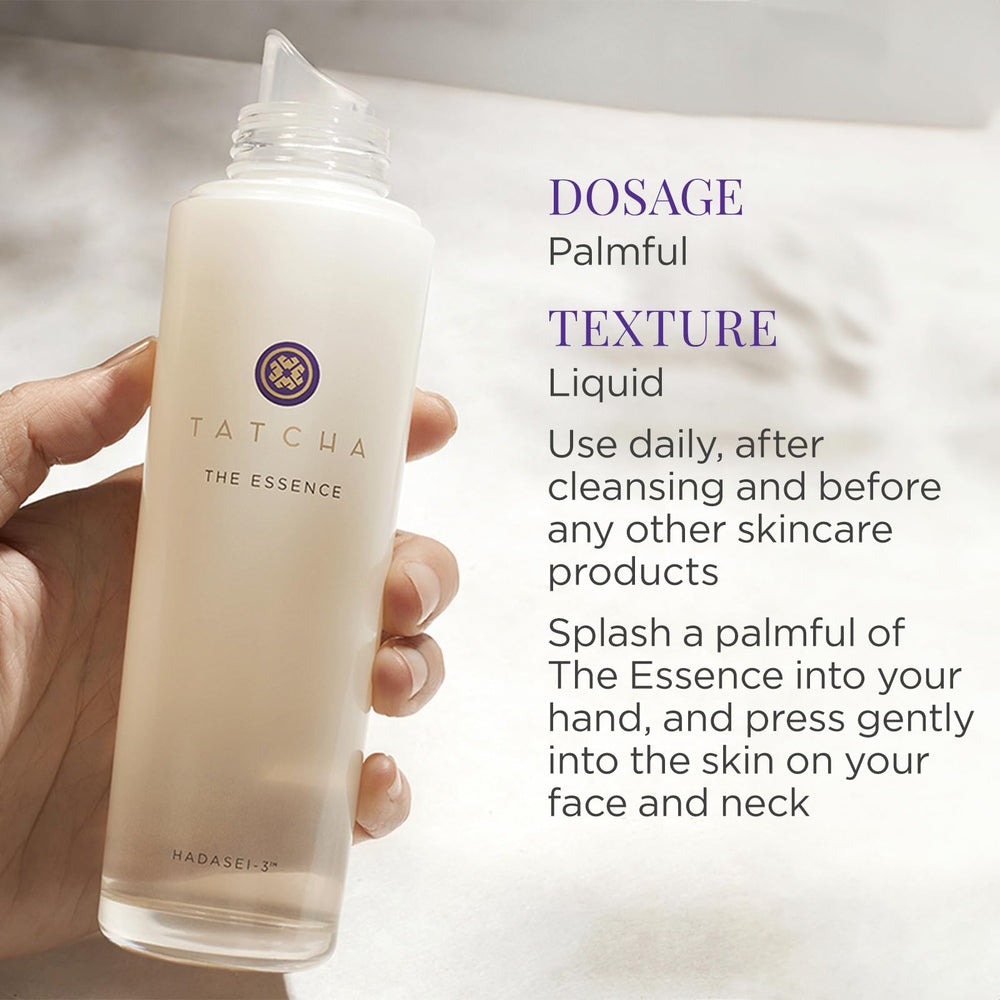 Tatcha The Essence glow on morning routine suggests plump, radiant skin.