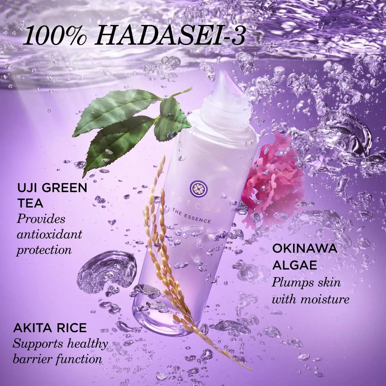 Tatcha The Essence ingredients green-tea-rice-algae reveal nourishing trio near the bottle.