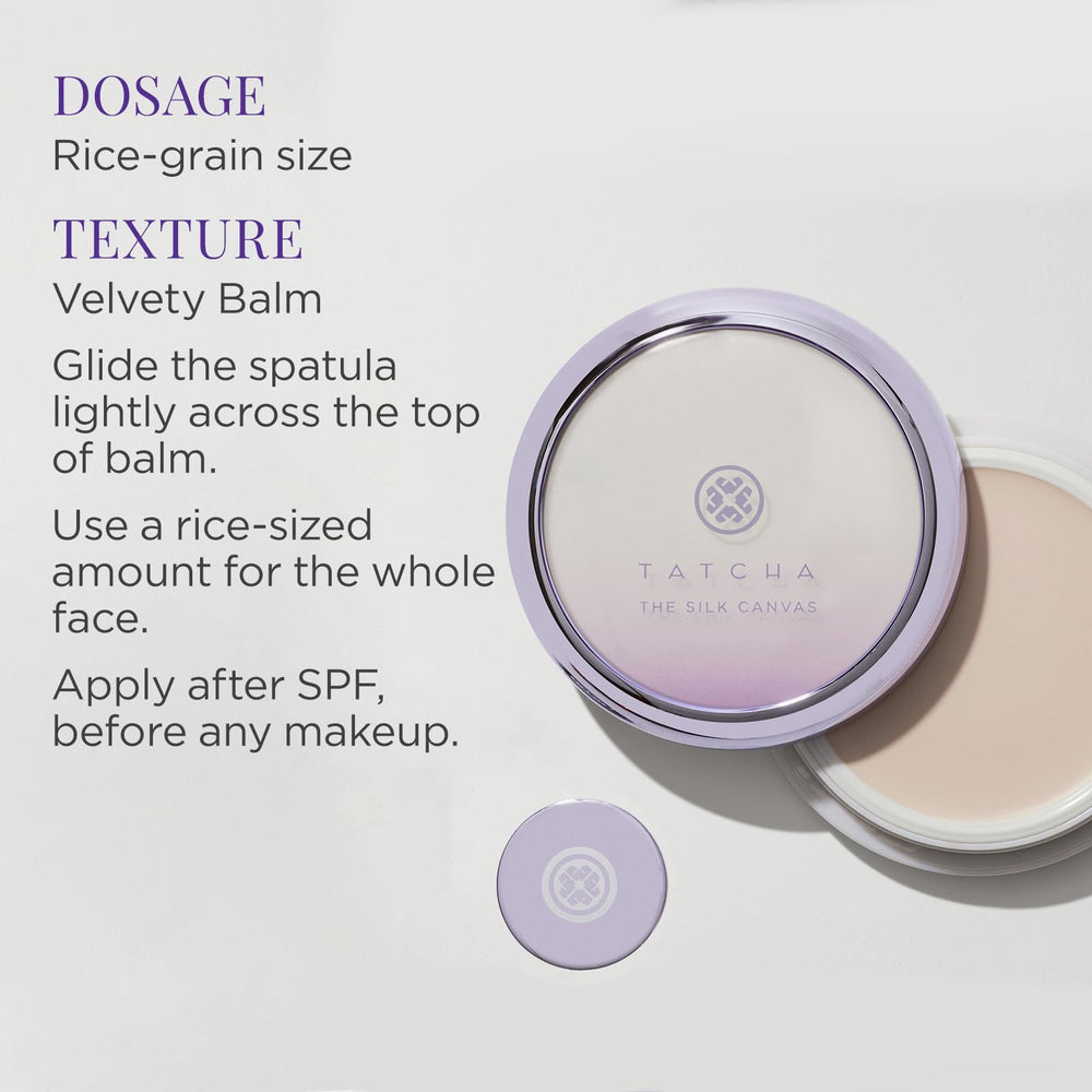 Tatcha The Silk Canvas ingredients emphasize pressed silk inspired protection for skin.