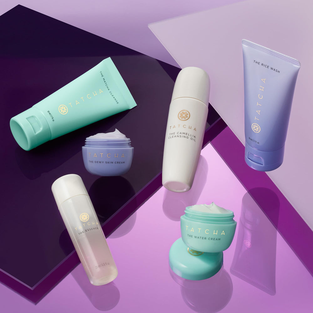TATCHA travel-friendly kit arranged for trips or busy days.