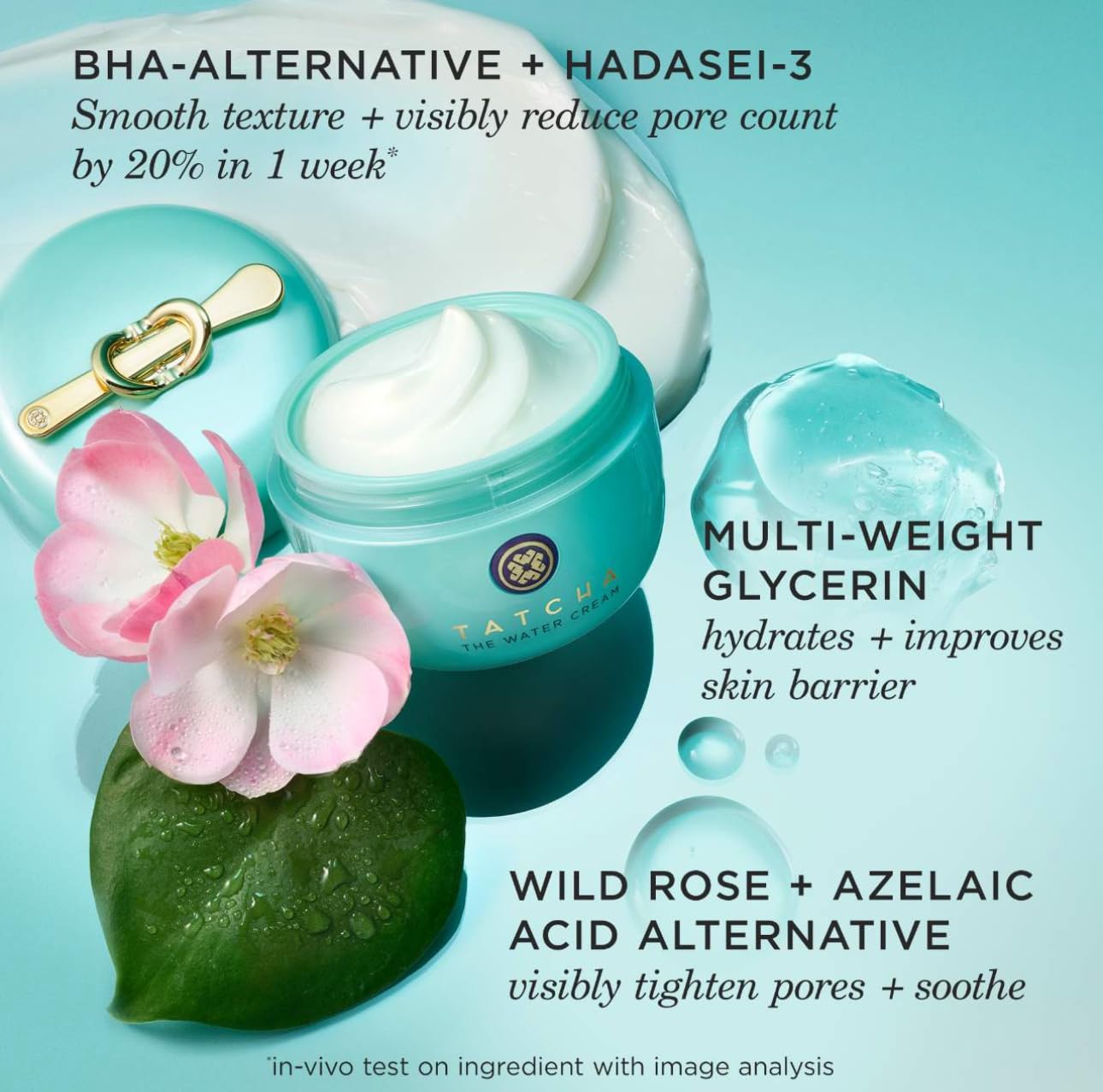TATCHA The Water Cream lightweight texture on skin for quick absorption.