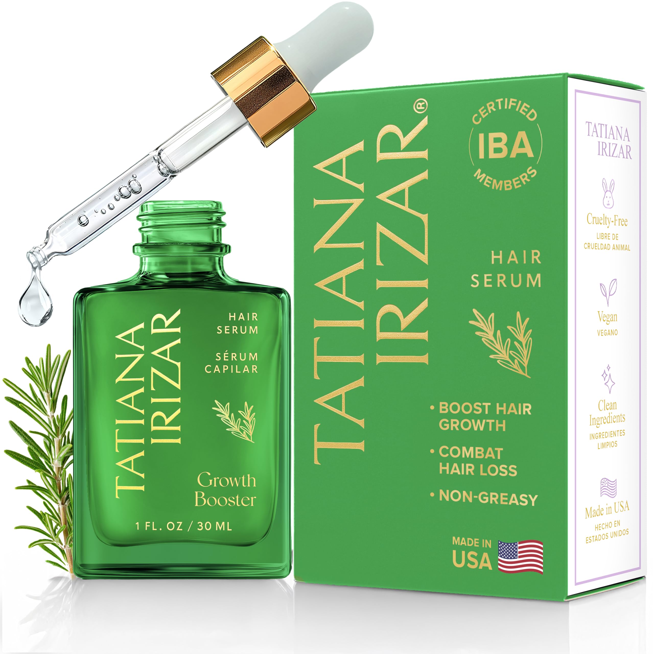 Tatiana Irizar hair serum bottle closeup highlighting scalp nourishment.