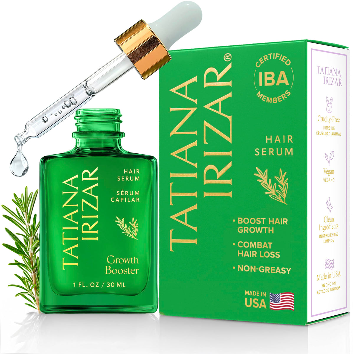 Tatiana Irizar hair serum bottle closeup highlighting scalp nourishment.