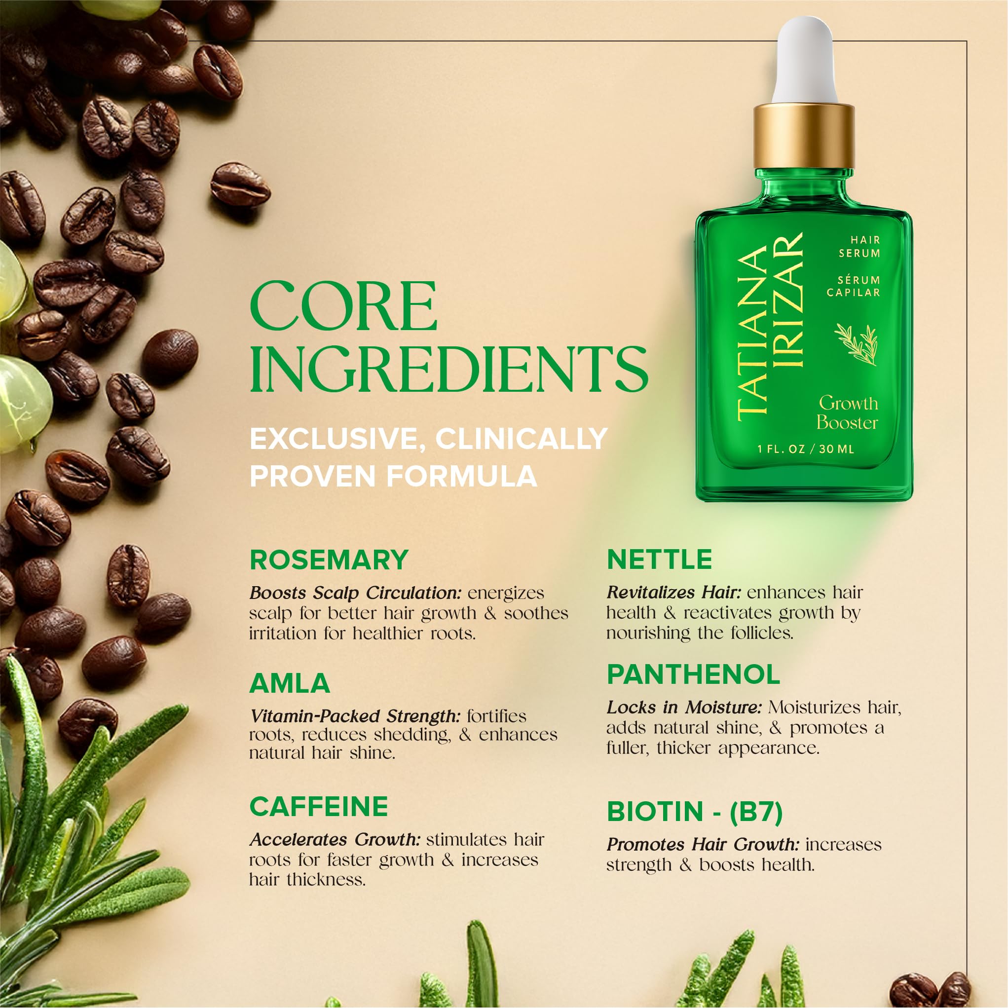 Tatiana Irizar rosemary and amla ingredients displayed for natural care.